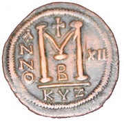 40 Nummi - Justinian I Cyzicus; bust facing, dated reverse, Byzantine states, 538-558 reverse image