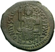 40 Nummi - Justinian I Antioch; ✶M☾, ☩THЄЧP, Enthroned obverse image