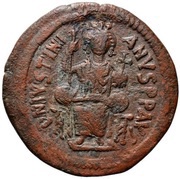 40 Nummi - Justinian I Antioch; ✶M✶, ☩THЄЧP☩, Enthroned obverse image