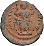 40 Nummi - Justinian I Antioch; ✶M✶, ☩THЄЧPº☩, Enthroned obverse image