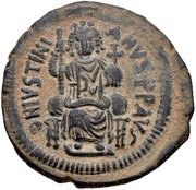 40 Nummi - Justinian I Antioch; ✶M✶, ☩THЄЧP, Enthroned obverse image