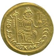 Light Solidus - Justin II VICTORIA AVGGG; Ravenna, Byzantine states, 567-570 reverse image