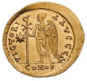 Solidus - Anastasius I Dicorus VICTORIA AVGGG; Constantinopolis; Type ☧ inverted, Byzantine states, 491-518 reverse image
