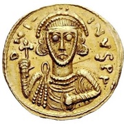 Solidus in the name of Justinian II hand at left obverse image