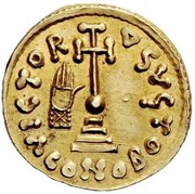 Solidus in the name of Justinian II hand at left, Lombard Kingdom, 742-758 reverse image