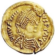 1 Tremissis In the name of Justinian I; Crossed tassels; hanging obverse image