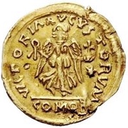1 Tremissis In the name of Justinian I; Crossed tassels; hanging reverse image