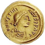 1 Tremissis In the name of Justinian I; Crossed tassels; straight obverse image