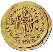 1 Tremissis In the name of Justinian I; Crossed tassels; straight reverse image