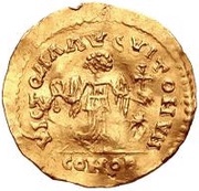 1 Tremissis In the name of Justinian I; Parallel tassels reverse image