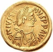 1 Tremissis In the name of Justin II; Victory facing left; large ribbon obverse image