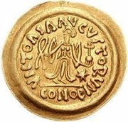 1 Tremissis In the name of Justin II; Victory facing left; large ribbon reverse image