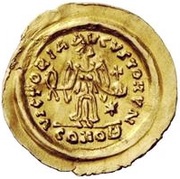 1 Tremissis In the name of Justin II; Victory facing left; small ribbon reverse image