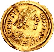 1 Tremissis In the name of Justin II; Victory facing right; with star and floating obverse image