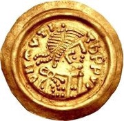 1 Tremissis In the name of Maurice Tiberius; Victory with crude face and draped hair; flowing tassels obverse image