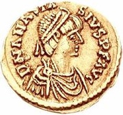 1 Tremissis In the name of Anastasius I; Two stars; Rome obverse image
