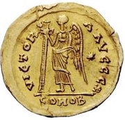 1 Solidus In the name of Anastasius I; Reverse legend ending with christogram, Ostrogothic Kingdom, 491-518 reverse image