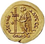 1 Solidus - Witigis / In the name of Justinian I, 527-565 Star to the left, Ostrogothic Kingdom, 536-539 reverse image