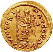 1 Solidus - Witigis / In the name of Justinian I, 527-565 Star to the right, Ostrogothic Kingdom, 536-540 reverse image