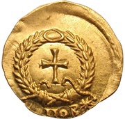 Tremissis - Aelia Pulcheria Cross within wreath; Constantinopolis reverse image