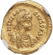 Tremissis - Theodosius II Trophy between two stars; Constantinopolis obverse image