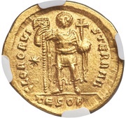 Solidus - Theodosius II GLOR ORVIS TERRAR; Thessalonica, Rome, 424-425 reverse image