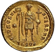 Solidus - Theodosius II GLOR ORVIS TERRAR; Thessalonica, Rome, 424-425 reverse image
