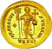 Solidus - Theodosius II GLOR ORVIS TERRAR; Thessalonica, Rome, 424-425 reverse image