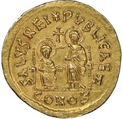 Solidus - Leo II and Zeno SALVS REI PVBLICAE; Constantinopolis reverse image
