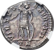 Siliqua - Magnentius VIRTVS EXERCITI; Trier; heavy type reverse image