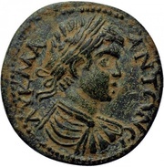 Æ23 - Caracalla ΠEΛTHNUN MAP TAT APIUNOC; Peltae obverse image