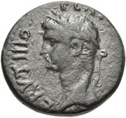 Æ20 - Tiberius Portrait facing left; Victoria on globe obverse image