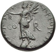 Æ20 - Tiberius Portrait facing left; Victoria on globe, Rome, 12-16 reverse image