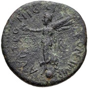 Æ20 - Tiberius Portrait facing right; Victoria on globe reverse image