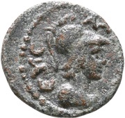 Semis Achilles right; Corinthian helmet; horse left; ΝΙΚΟΜΑΧΟΥ clockwise; monogram below horse obverse image