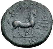 Semis Achilles right; Attic helmet; horse right; ΝΙΚΟΜΑΧΟΥ; monogram below horse reverse image