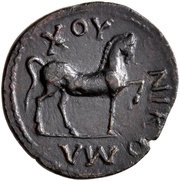 Semis Achilles right; Attic helmet; horse right; ΝΙΚΟΜΑΧΟΥ reverse image