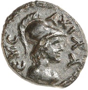 Semis Achilles right; Corinthian helmet; horse right; ΝΙΚΟΜΑΧΟΥ; monogram below horse obverse image