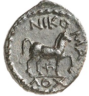 Semis Achilles right; Corinthian helmet; horse right; ΝΙΚΟΜΑΧΟΥ; monogram below horse reverse image