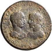 Hexassarion - Maximinus I and Maximus caesar [Φ]ΛΑYΙΟΠΟΛЄΙΤωΝ / [ЄΤ ΓΞΡ]; Flaviopolis obverse image