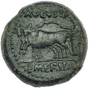 Æ26 - Augustus Silenus; priest ploughing reverse image