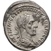 Tetradrachm - Trajan Decius ΔHMAPX EΞOYCIAC; Antioch obverse image