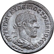 Tetradrachm - Trajan Decius ΔHMAPX EΞOYCIAC; Antioch obverse image