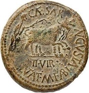 As - Augustus CAESARAVGVSTA Q LVTATIO M FABIO II VIR reverse image