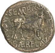 As - Augustus M CAL I C SEMP BARBA III Q BAEB FLAVO II VIR reverse image