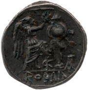 Victoriatus M. Valerius Laevinus; ROMA ; monograms reverse image