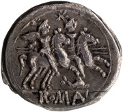Denarius Dolphin; ROMA, Rome, 209 BC - 208 BC reverse image