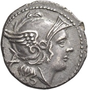 Denarius Staff and Club; ROMA obverse image