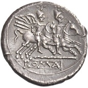Denarius Staff and Club; ROMA, Rome, 208 BC reverse image