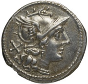 Denarius Rostrum Tridens 2; ROMA obverse image